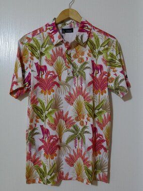 Sporty Buff Shirt Men Palm Tropical Floral Golf Performance Stretch Polo Small